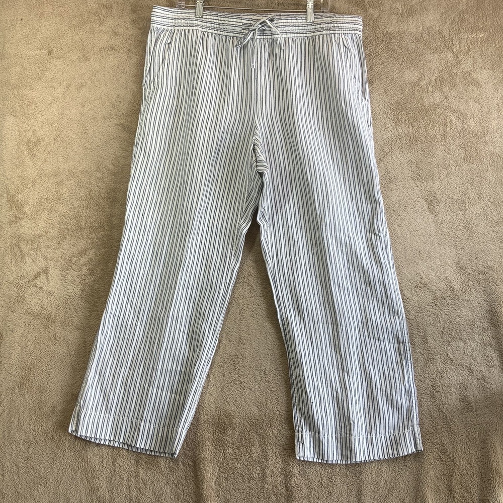 L.L. BEAN 100% Linen Women Drawstring Pants Sz 18 Striped‎ Beach Wide Leg EUC